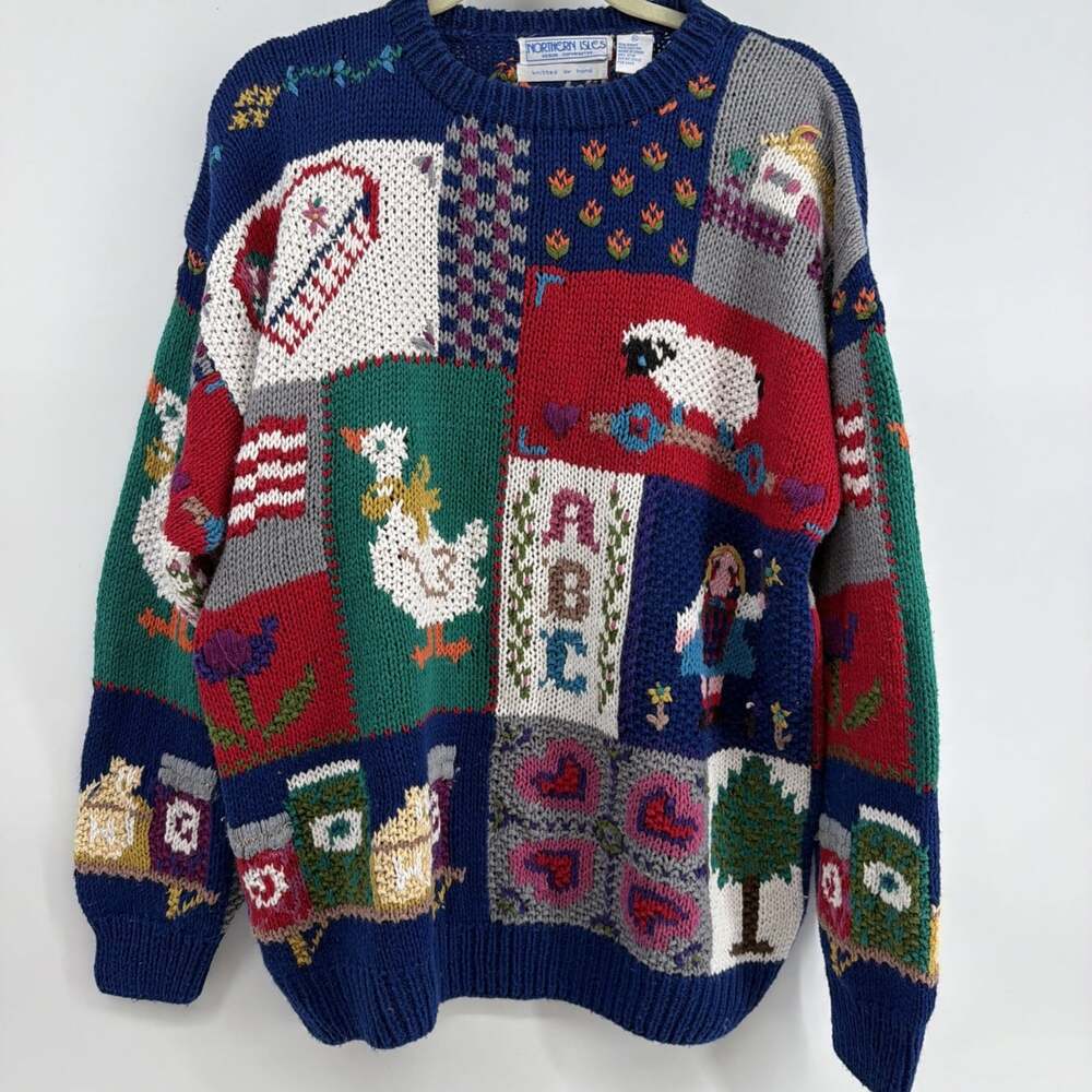 VTG Teacher Granny Sweater Northern Isles Knitted By Hand Sz XL Grannycore Flag